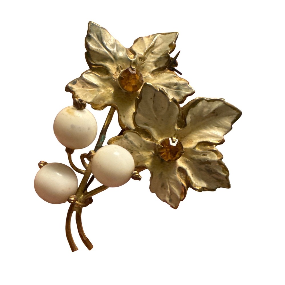 Vintage 1940s Floral Brooch Milk Glass Berries Rhinestone Gold Tone Pin